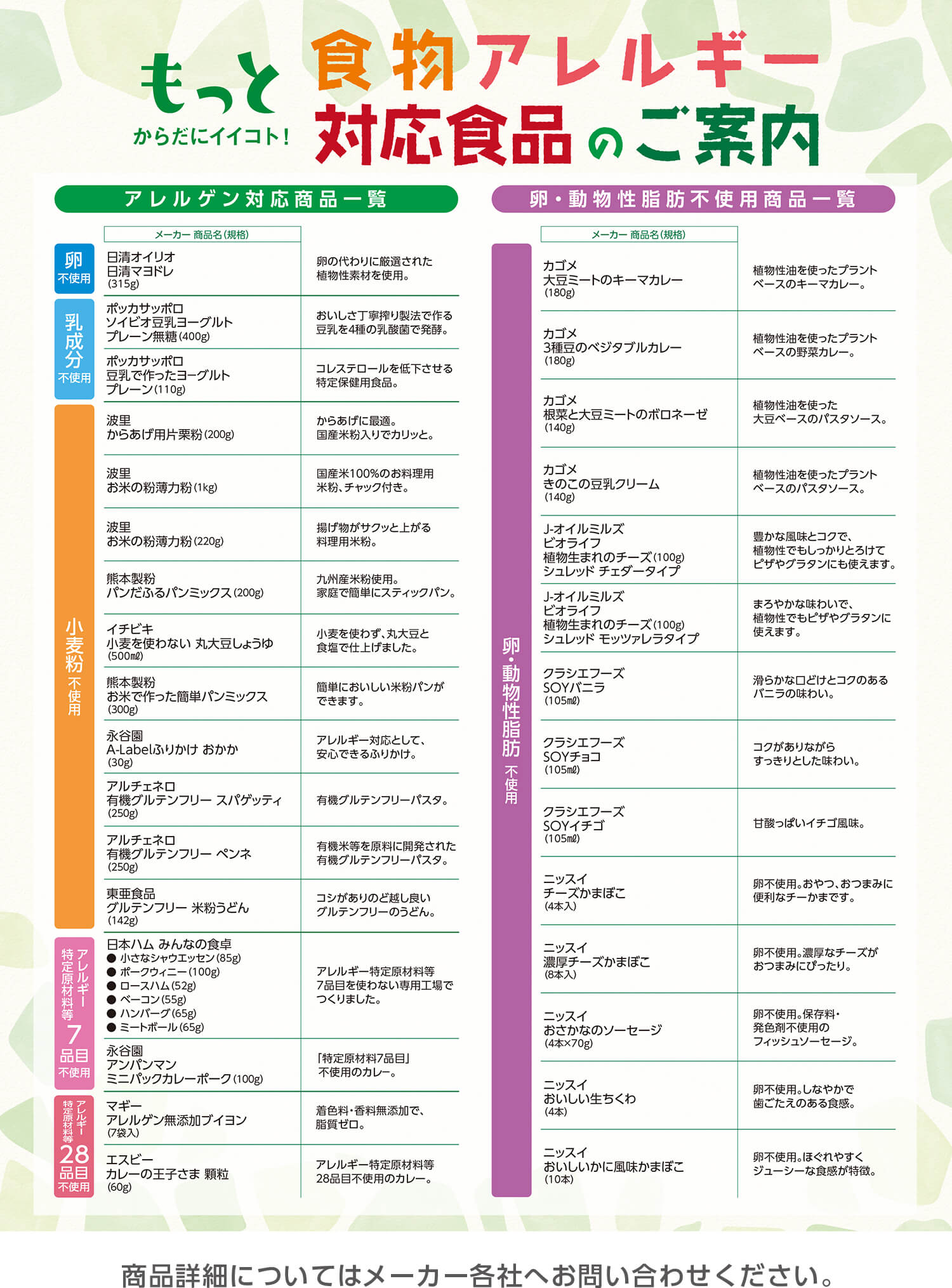 食物アレルギー対応商品一覧｜マルエツ 